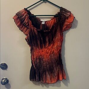 Christopher & Banks Orange and Brown Ruffle Crinkle Blouse